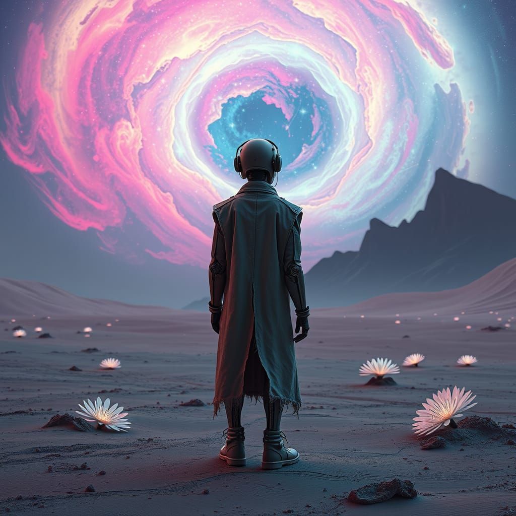 Android Gazing at Nebula in Futuristic Landscape