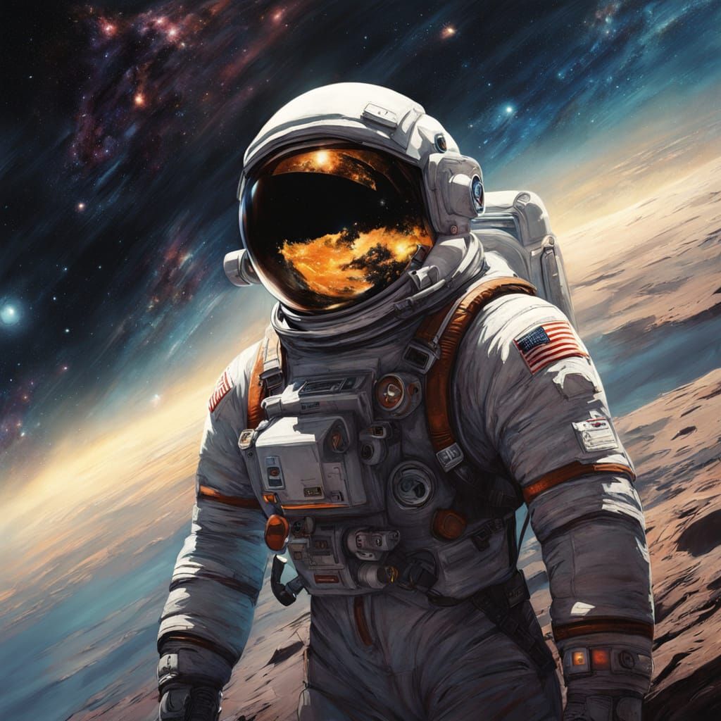 Astronaut Stands at the Edge of a Vibrant Galaxy in a Cinema...