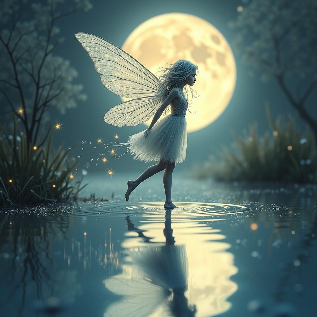 Ethereal Fairy Dance on Moonlit Pond