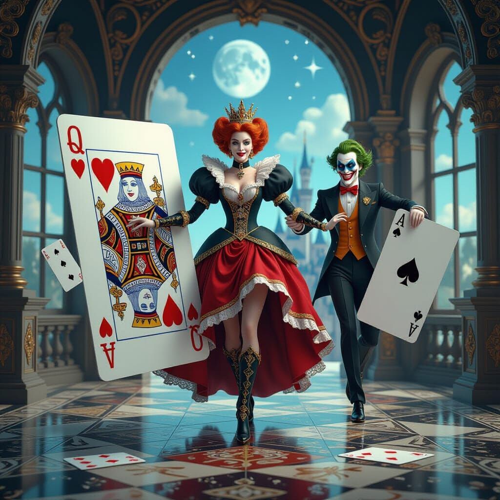 Futuristic Queen of Hearts Escapes Joker in Surreal Castle