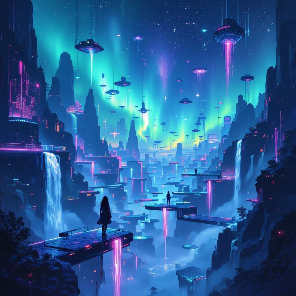 Neon Labyrinth: Woman in Aurora Sky, a Sci-Fi Vision