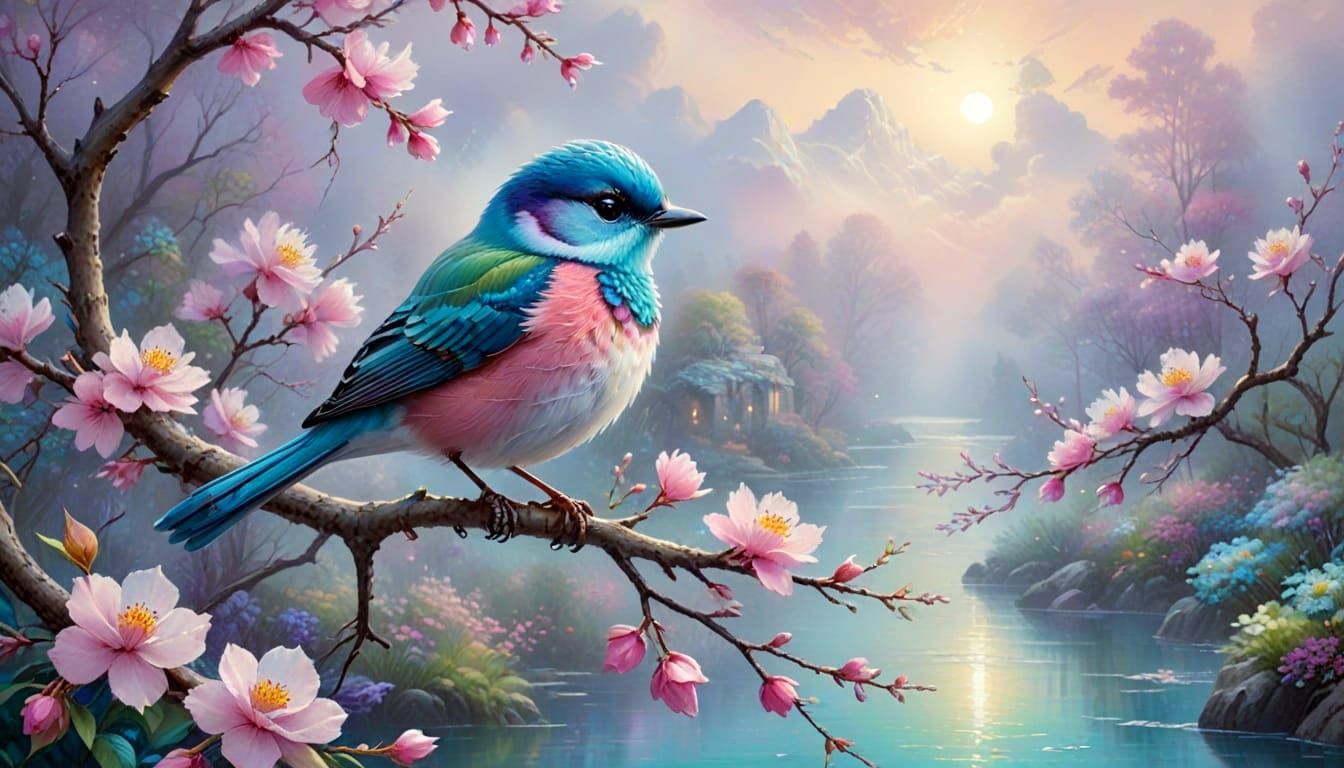 Colorful Bird on Branch in Ethereal Landscape Oil Painting