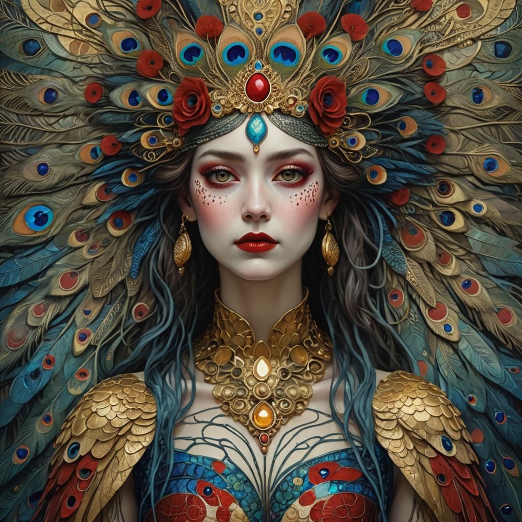 Peacock Goddess Portrait in Art Nouveau Style