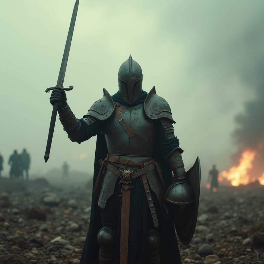 Victorious Dark Knight on Battlefield, Cinematic Style