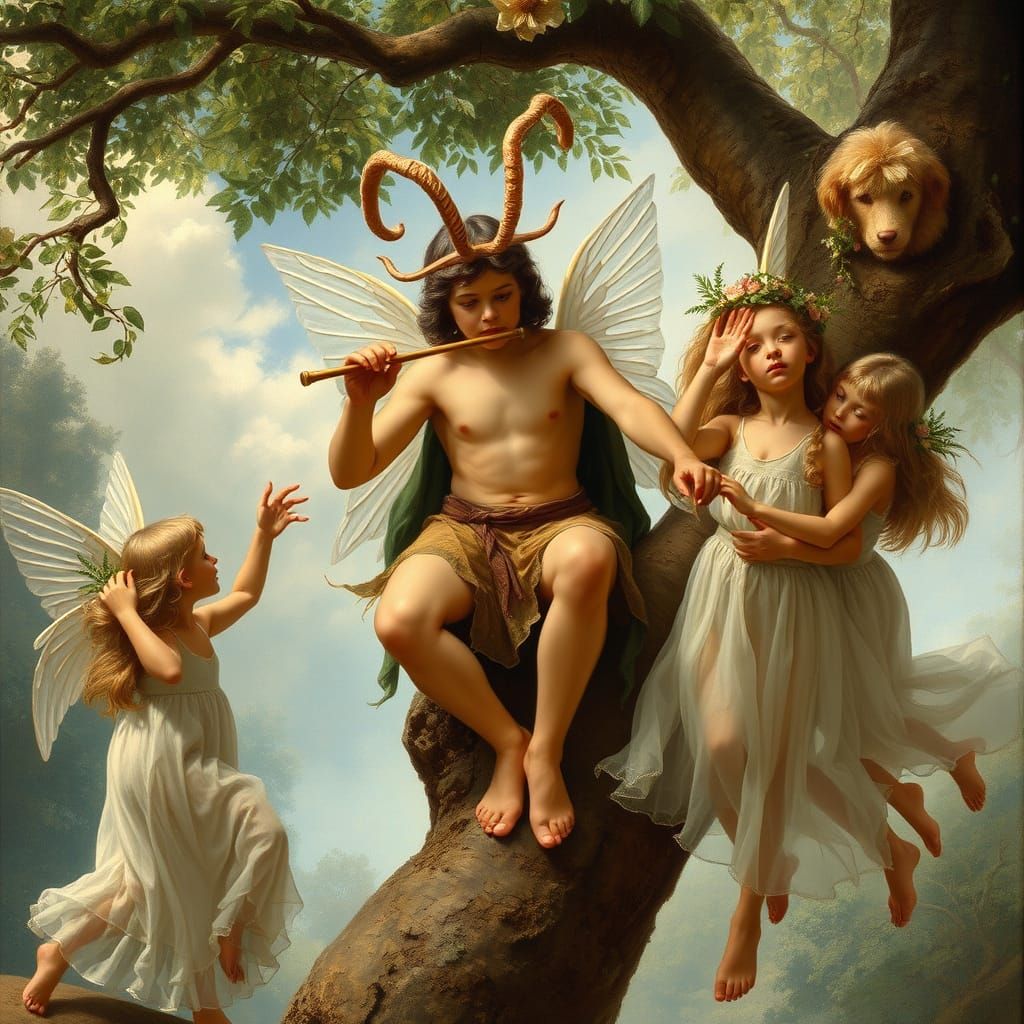 Pan, the Flute Boy, Surrounded by Nymphs in a Whimsical Wood...
