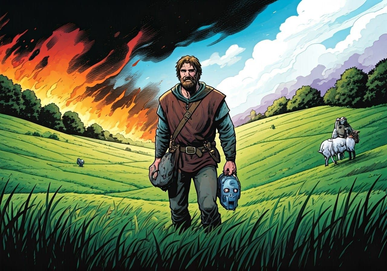 Medieval Shepherd in a Burning Landscape with Cyberman Head