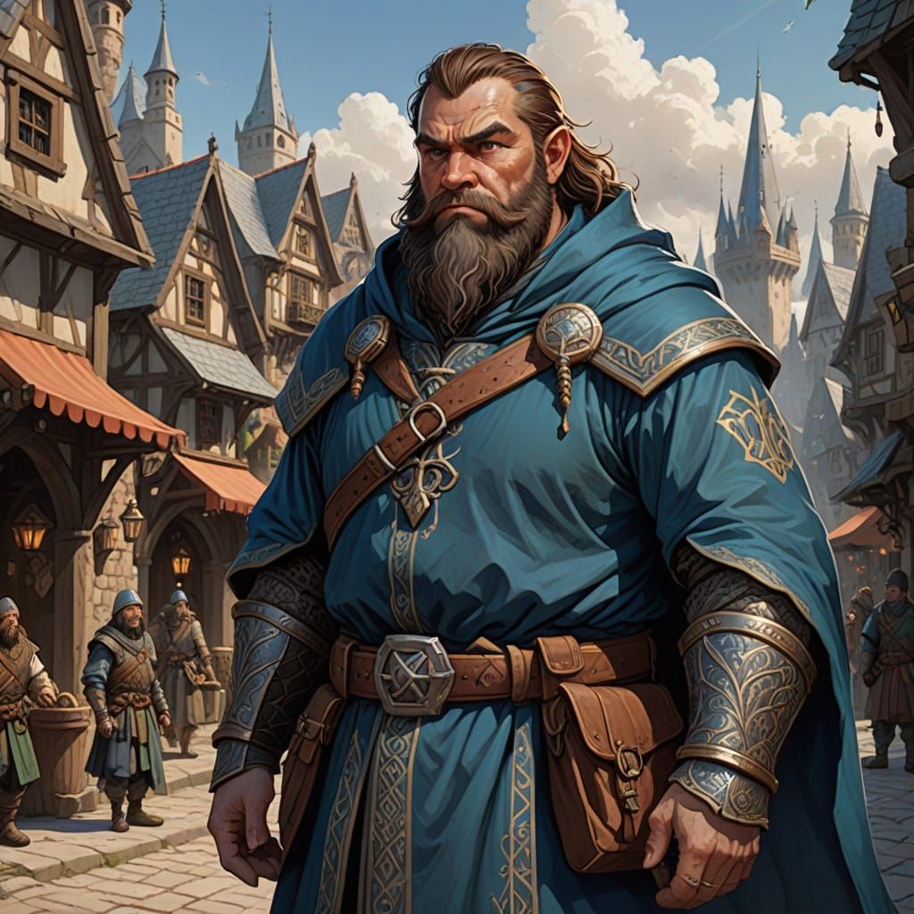 Dwarf Cleric in Blue Robe in Medieval Town Square