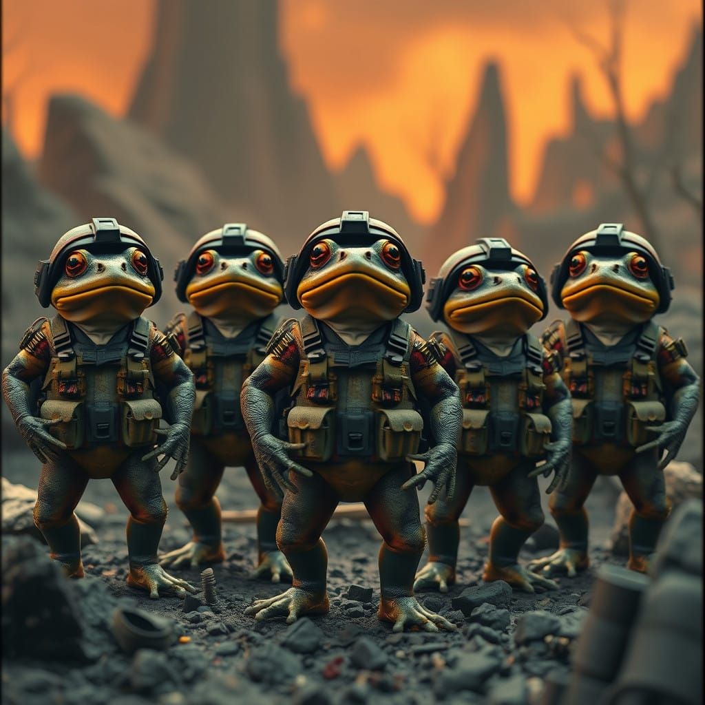 Battle-Ready Frogs in Hellish Landscape, Cyberpunk Aesthetic