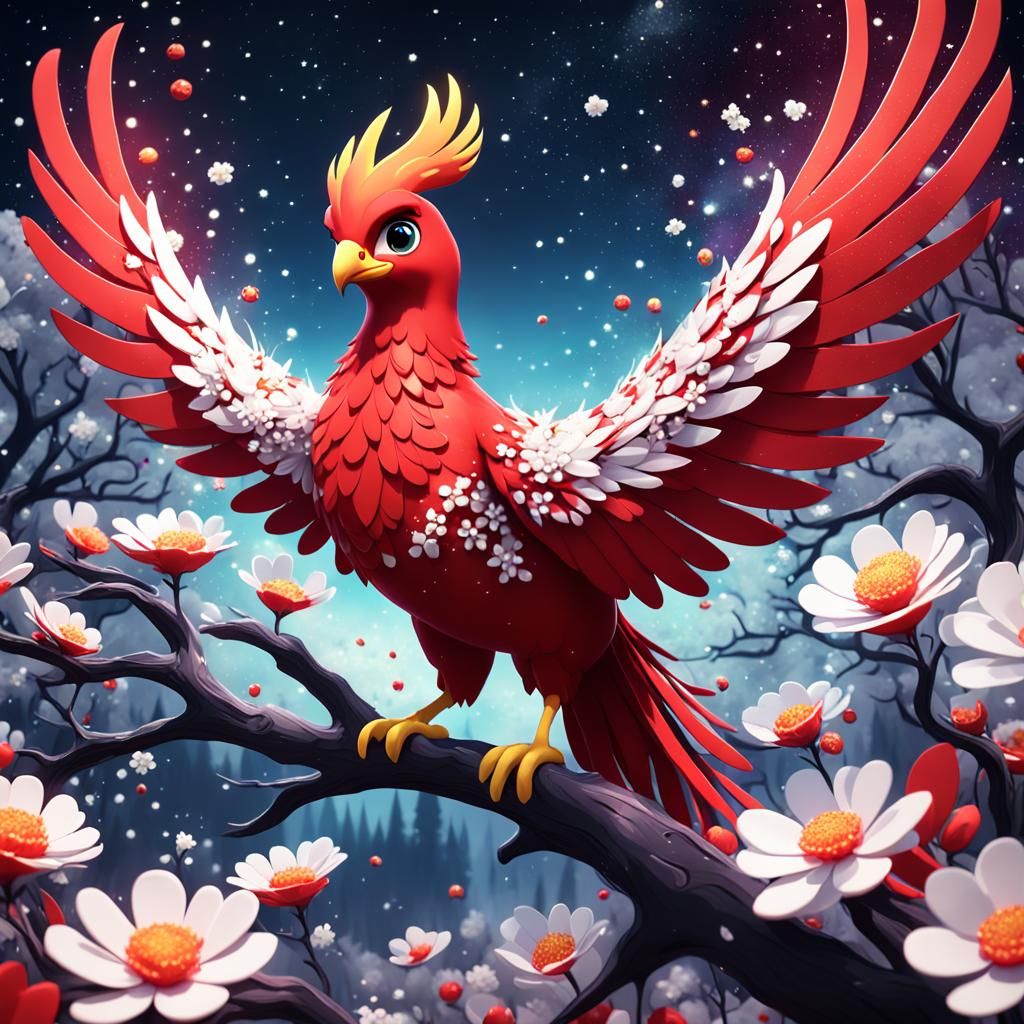 Red Phoenix with White Flowers in 3D Splatter Art