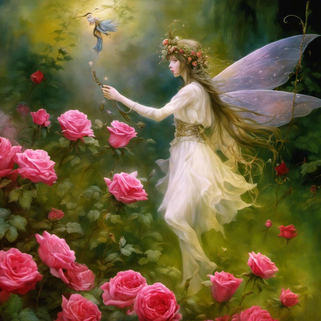 Fairies Dancing in Rose Thicket, Ethereal Fantasy