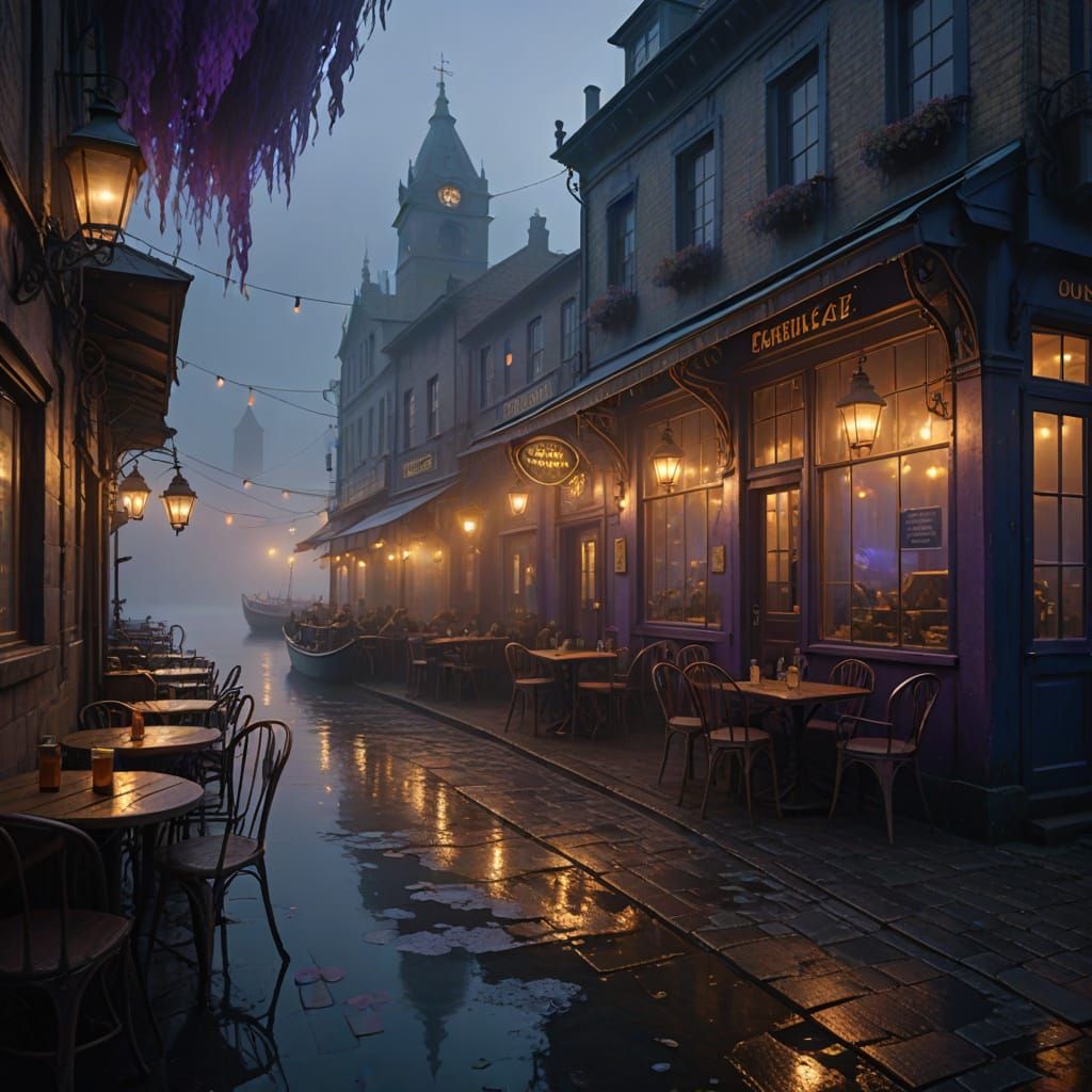 Fog-Shrouded Harbour Cafe: A Cinematic Fantasy Painting