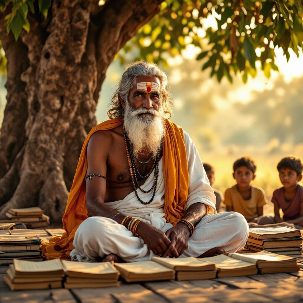 Wise Elderly Man Under Banyan Tree in Golden Light