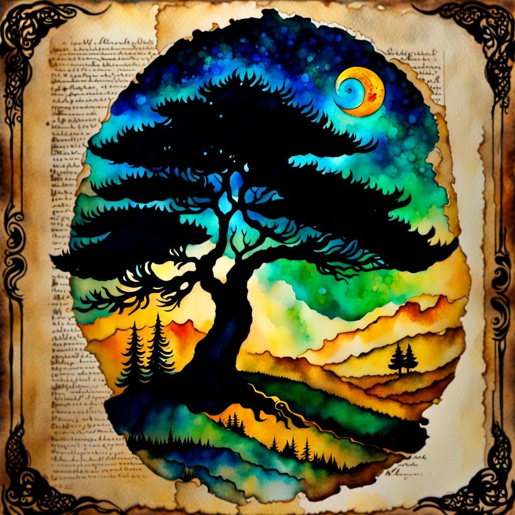 Pine Tree Watercolor in Chagall Style