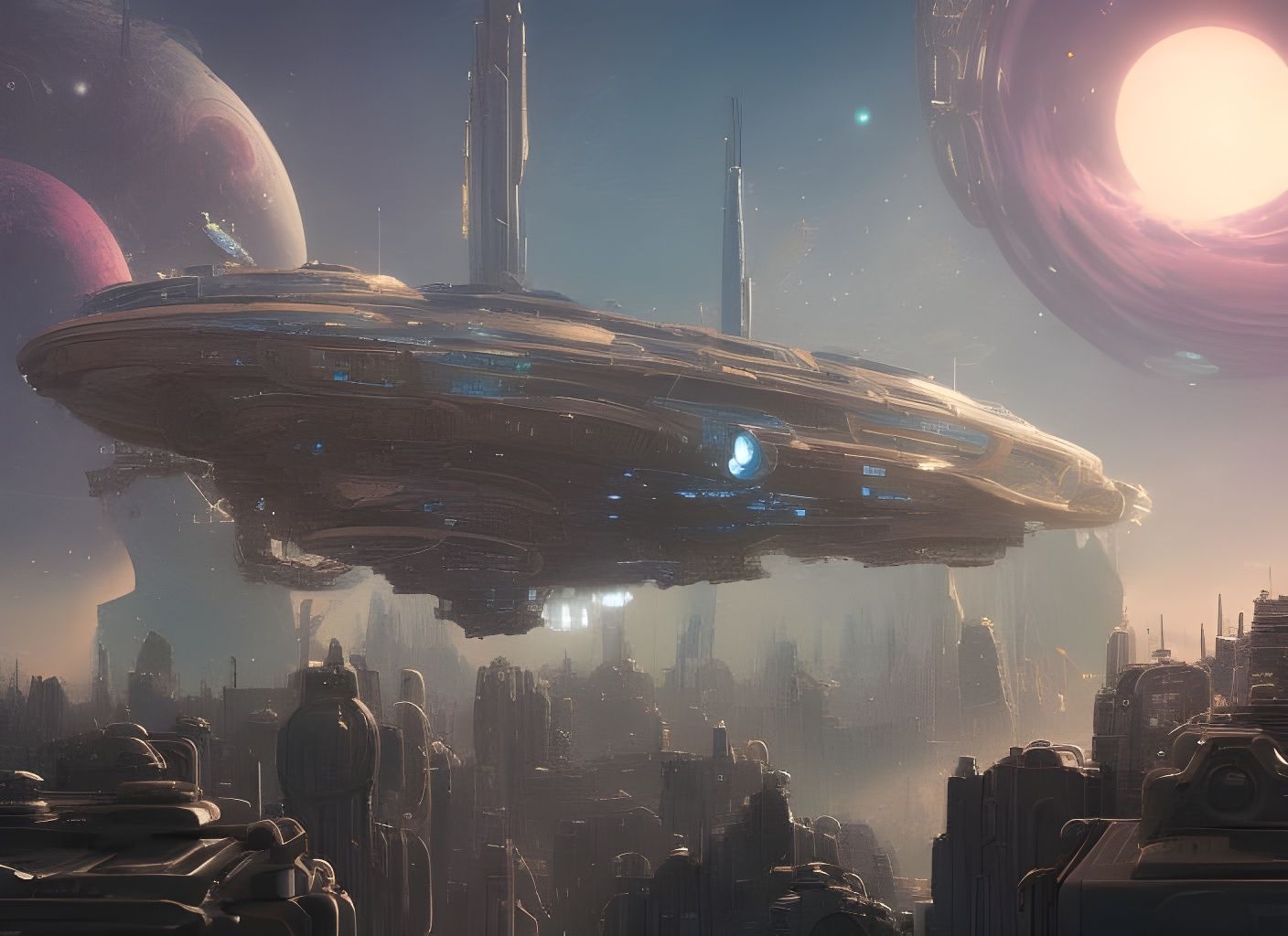 Futuristic Spaceship Over Cityscape in Watercolor Style