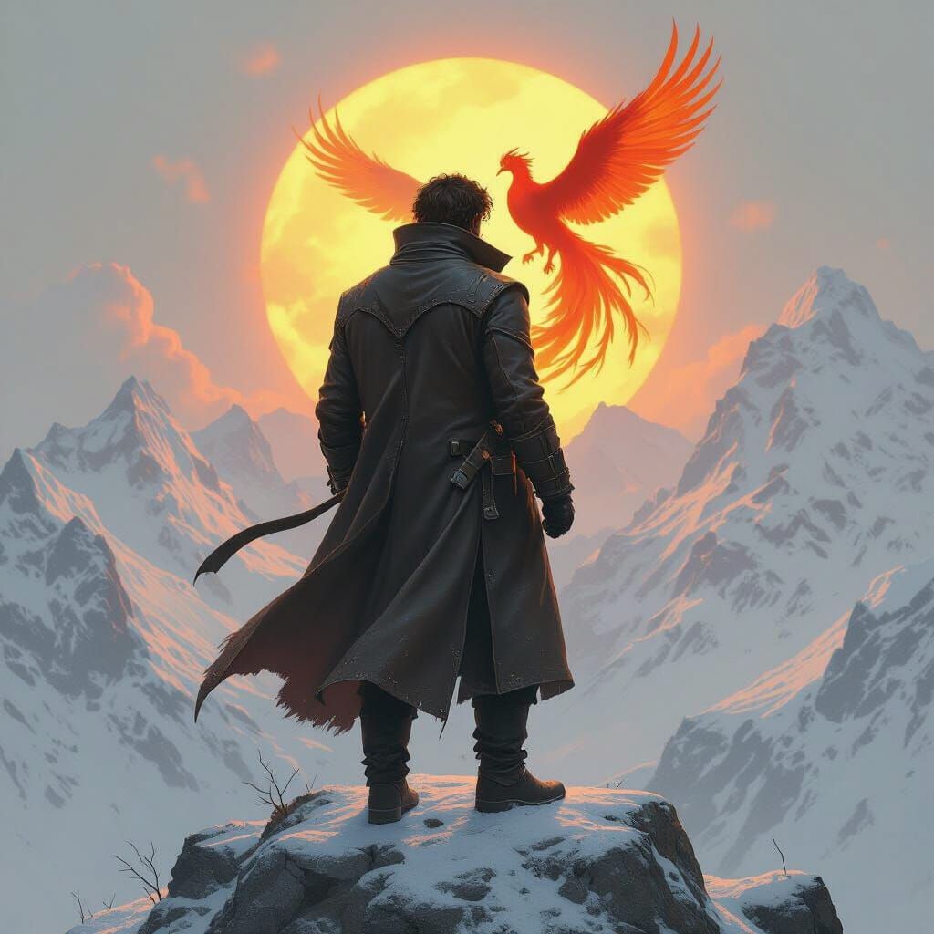 Figure on Snowy Peak with Rising Phoenix