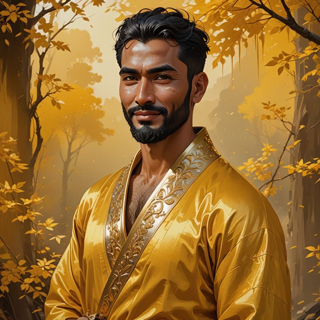 A Handsome Bearded Man in Golden Velvet Robe