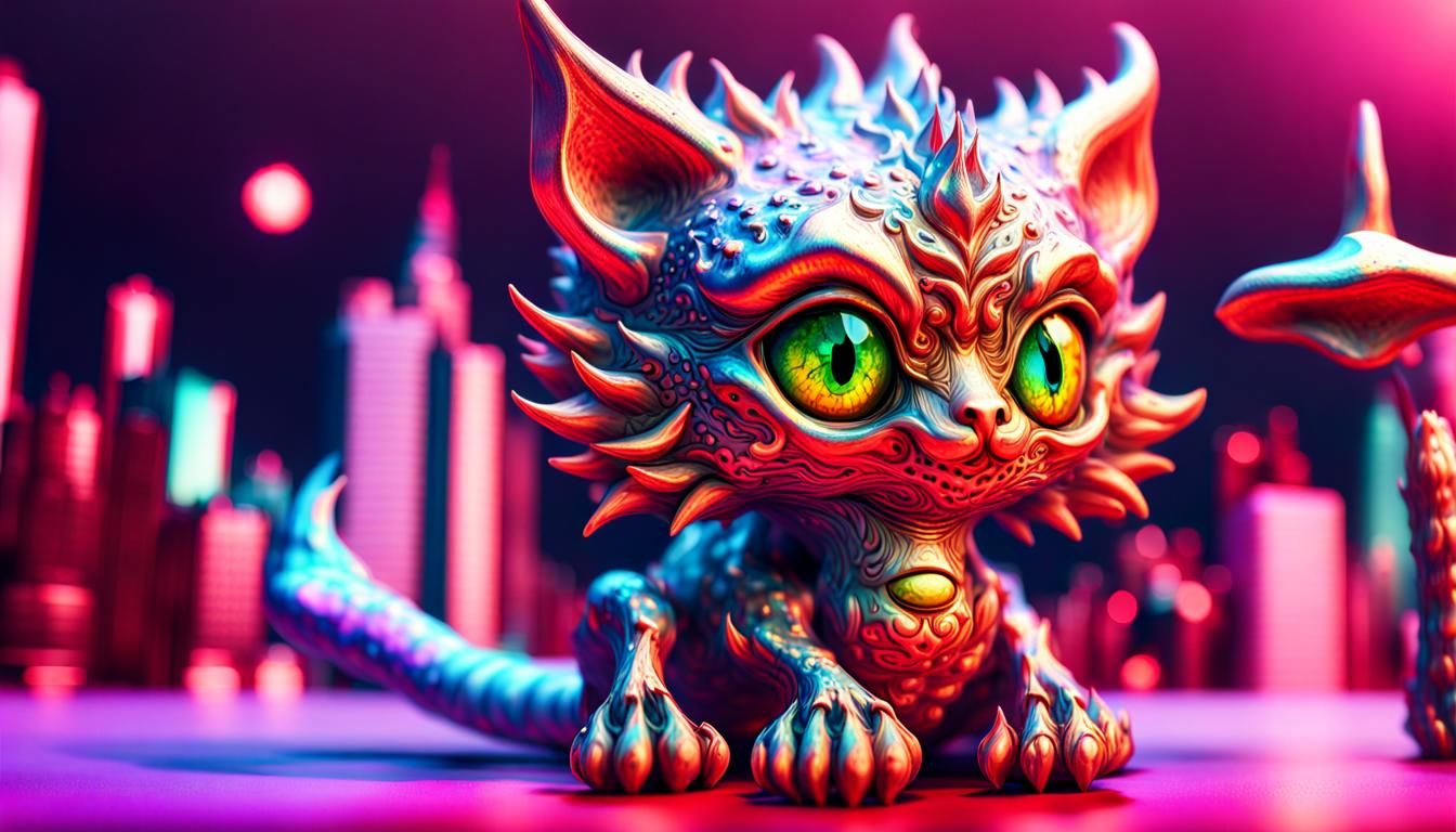 Demonic Dragon Kitty in a Fiery Holographic Cityscape