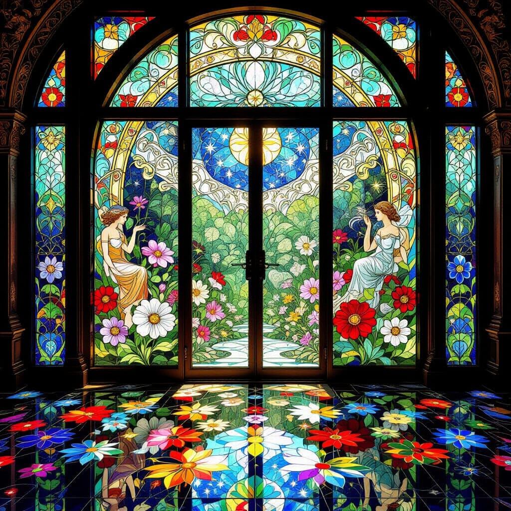 Kaleidoscope Stained-Glass Window in Art Nouveau Style