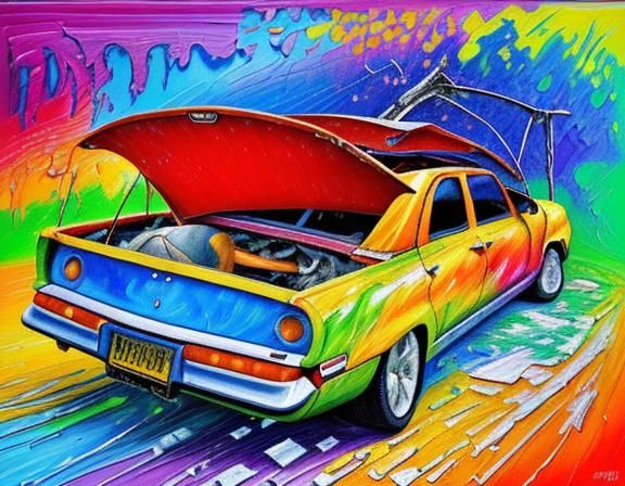 car crashed lying upside down, high quality, line drawing, vivid, neo-impressionism expressionist style oil painting, sm...