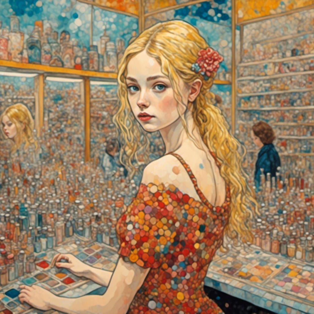 Teenage Girl at Makeup Counter in Ukiyo-e Style