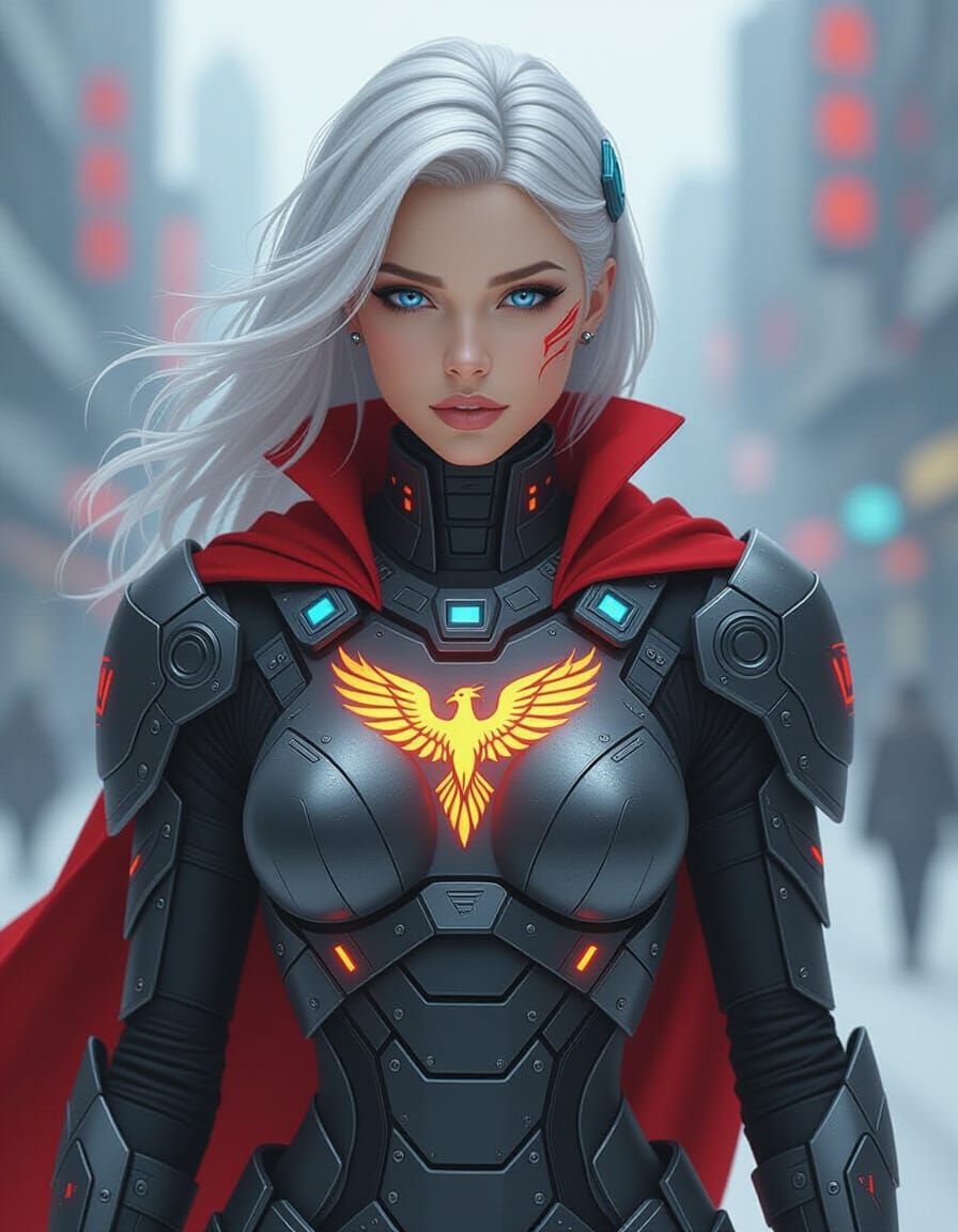 Cyberpunk Cyborg with Phoenix Emblem and Silver Hair