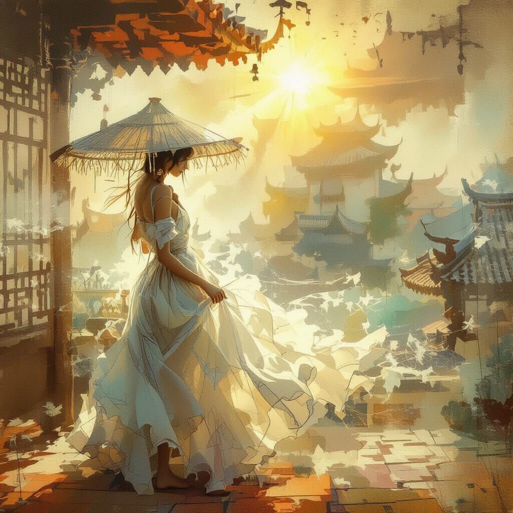 Woman in Flowing Skirt Bathed in Sunlight