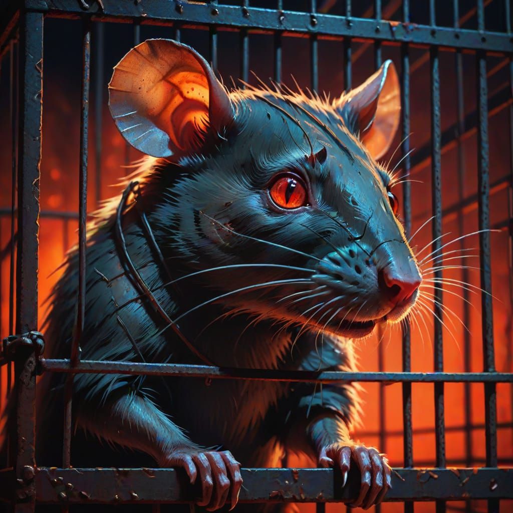 Eerie Rat in Cage: Dark Fantasy Oil Painting