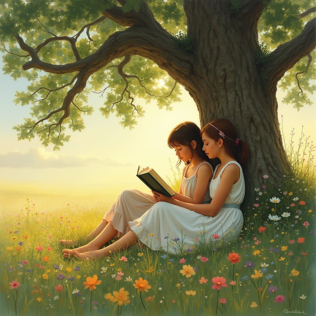 Girls Reading Under Oak Tree in Painterly Style