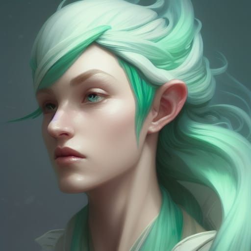 Mint Green Elven Portrait in Hyperdetailed Style