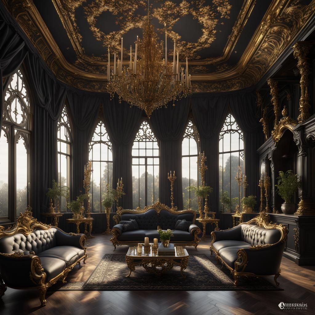 Opulent Rococo Gothic Living Room with Gold Accents