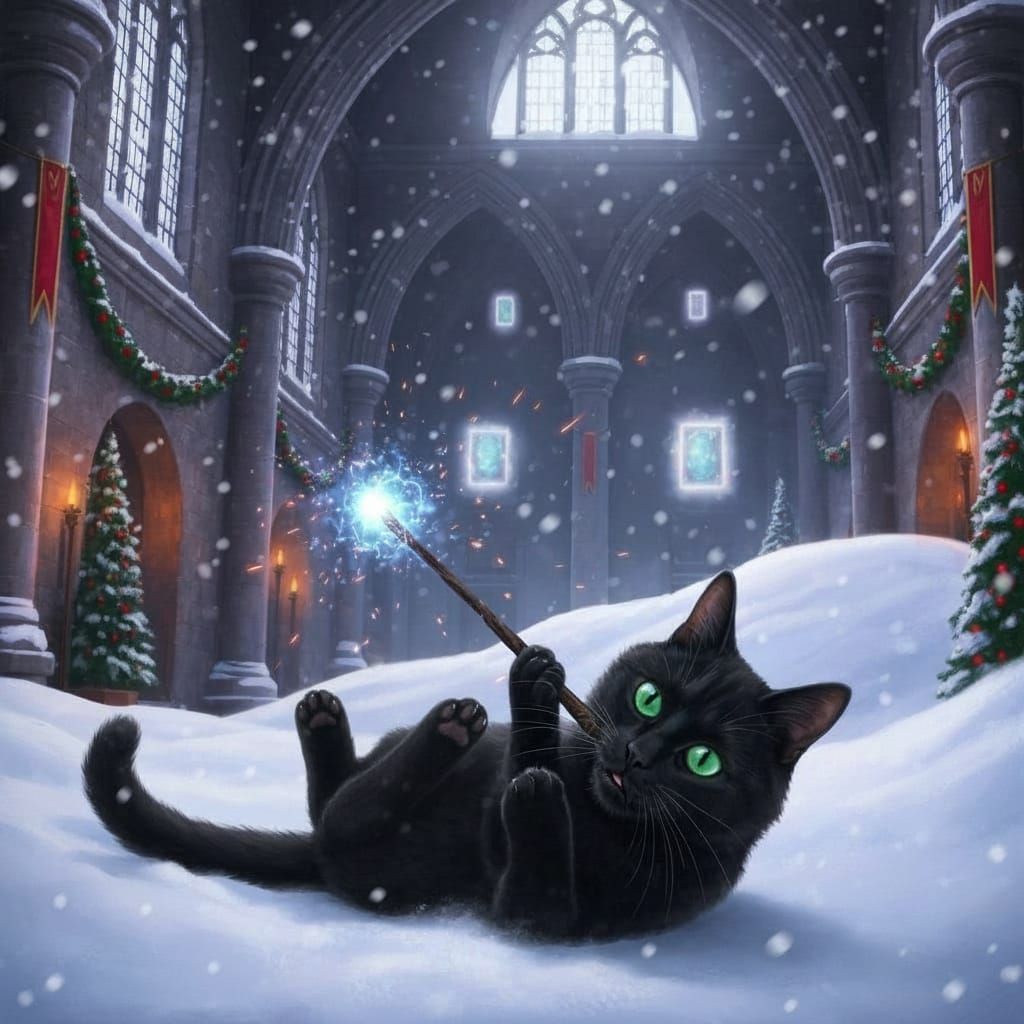 Black Cat with Emerald Eyes Wields Magic Wand in Snowy Castl...