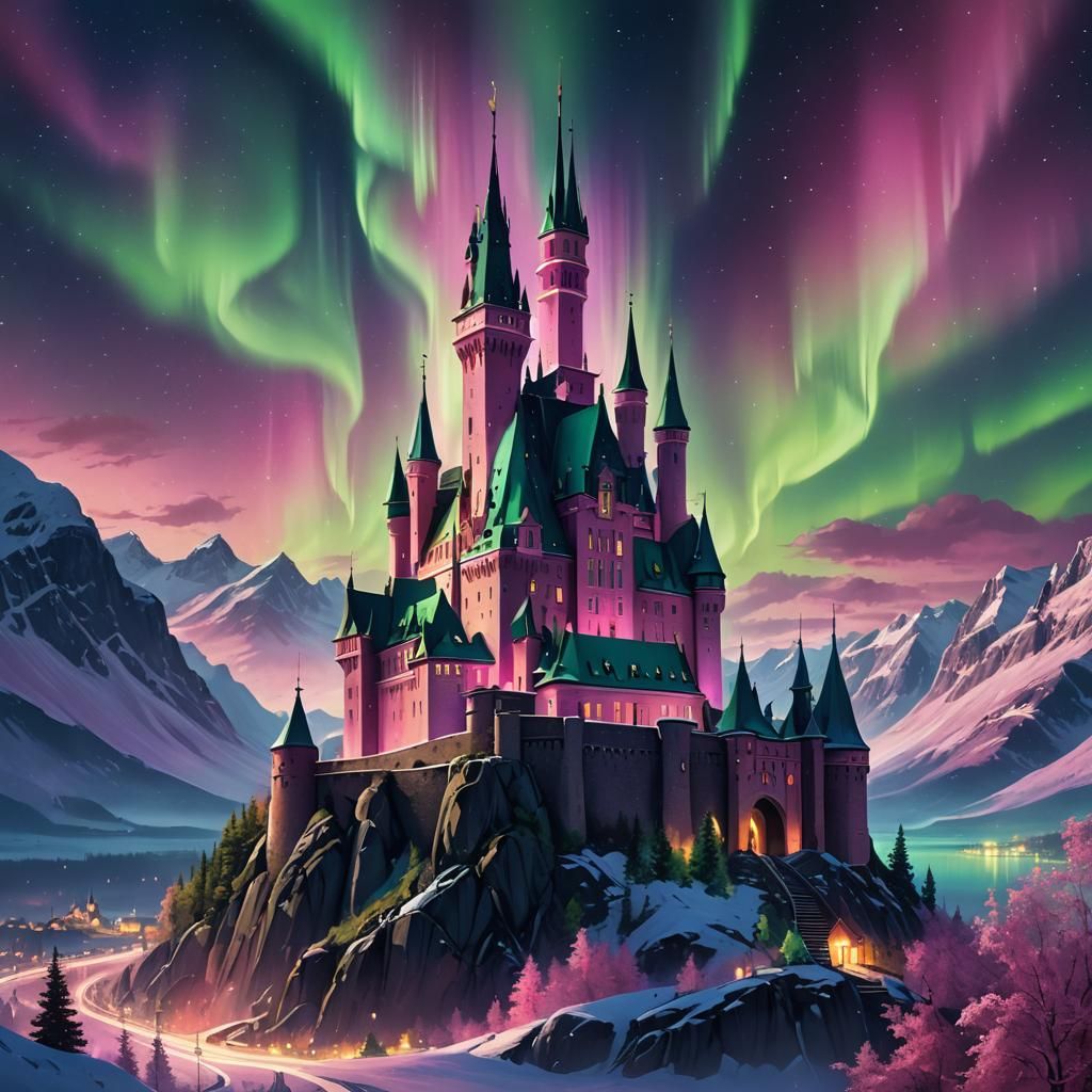 Scandinavian Castle Under Aurora Borealis: Digital Matte Pai...