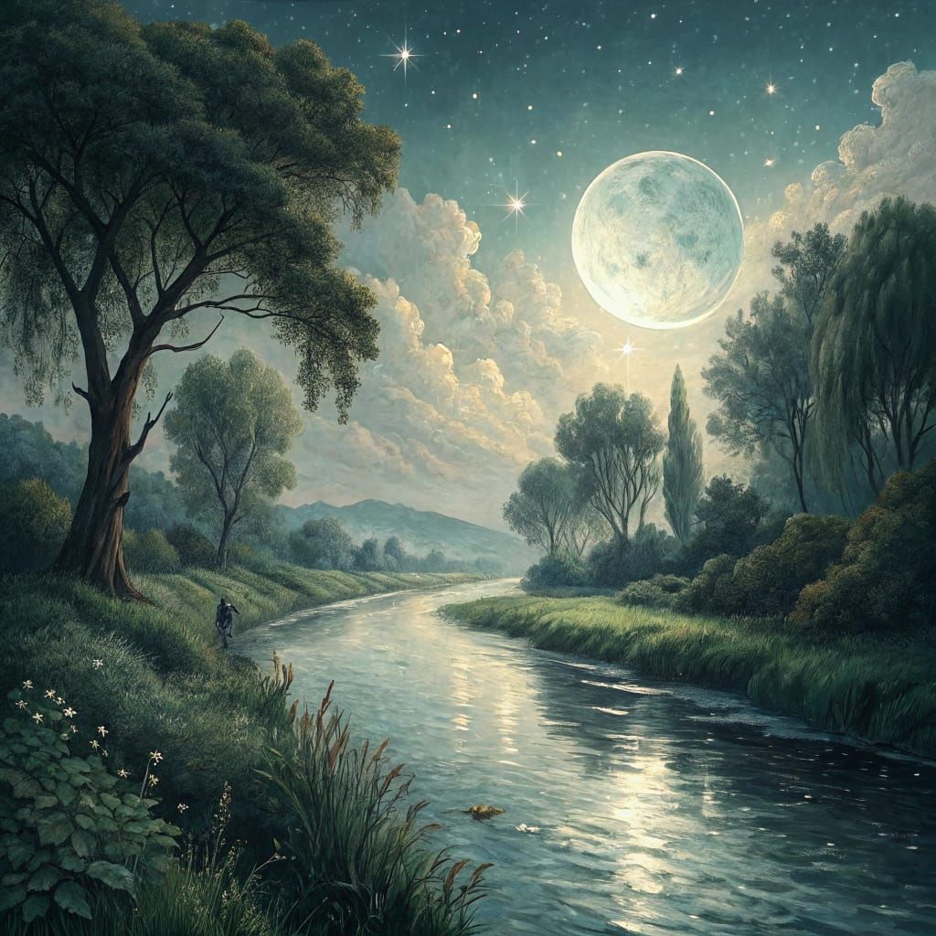 Serene Moonlit River Landscape in Dreamy, Ethereal Style