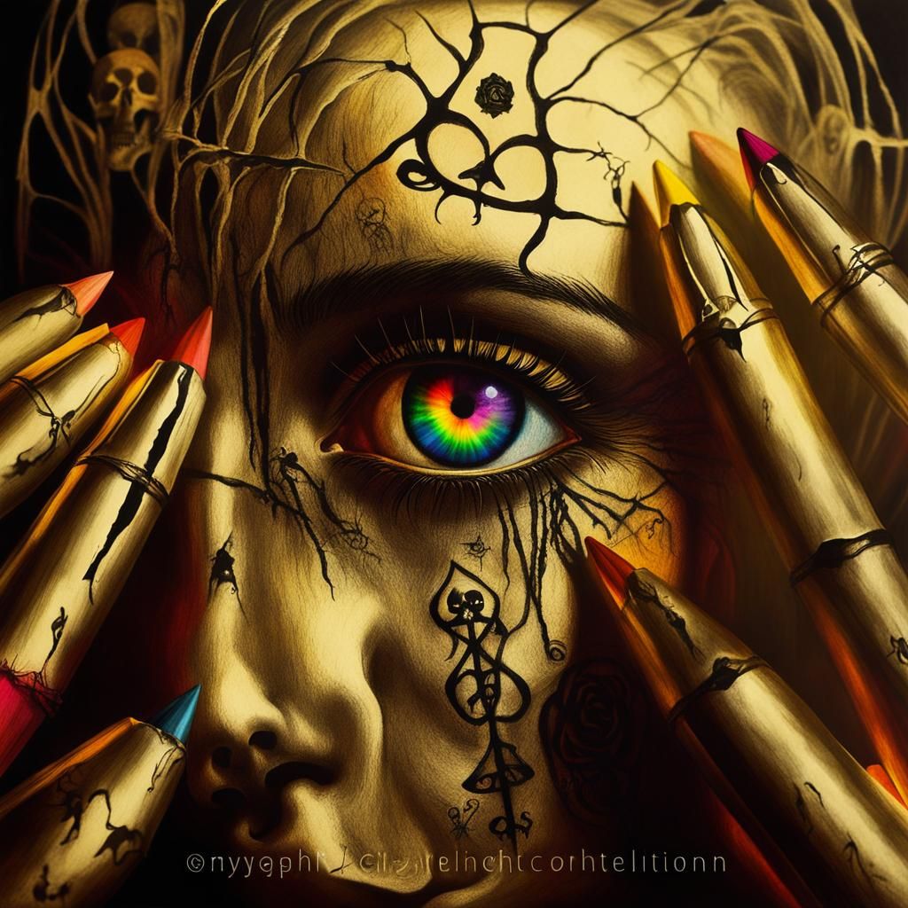 Gothic Woman in Pain: Surreal Crayon Drawing