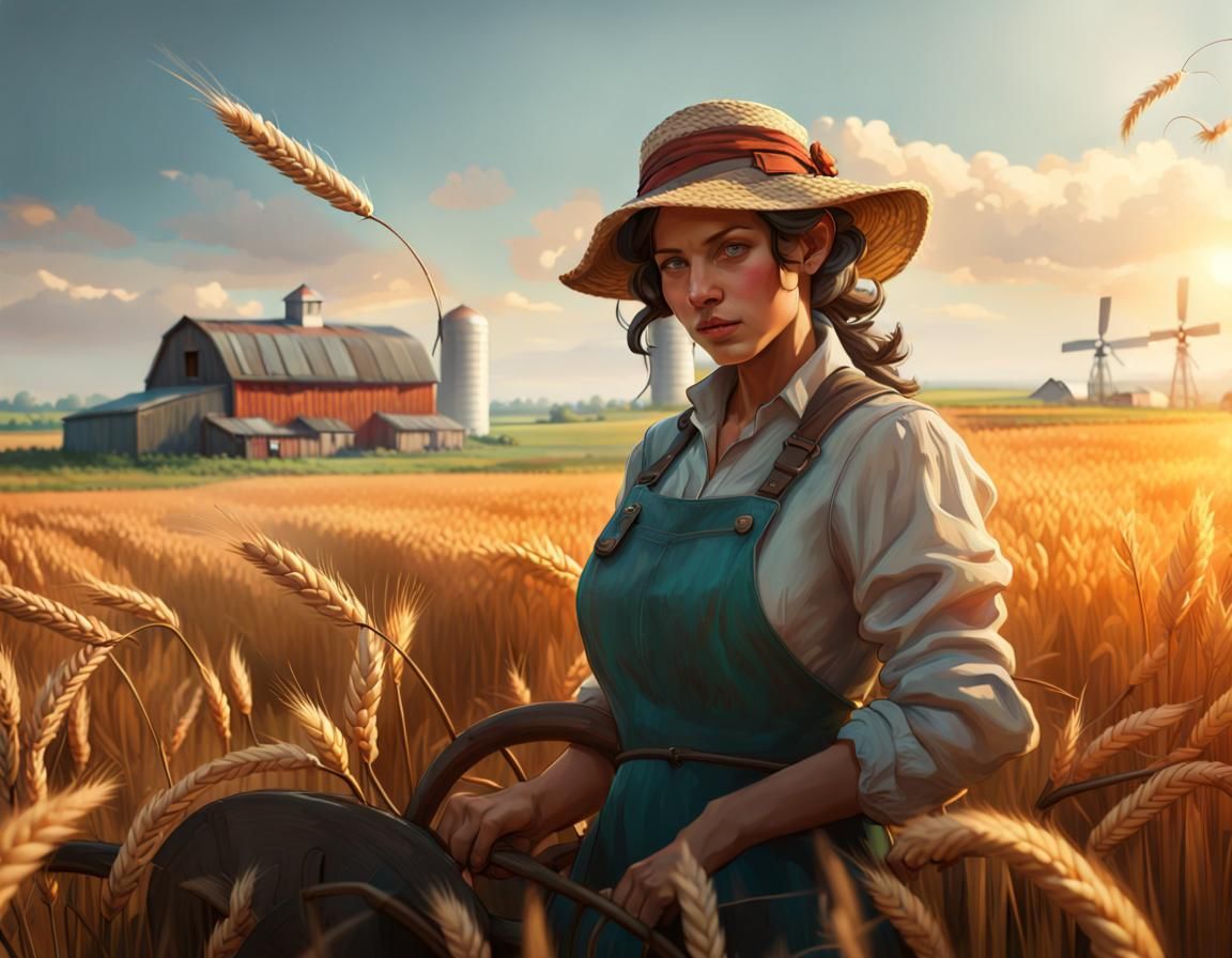 Bucolic Farm Scene with Wheat, Art Nouveau Style