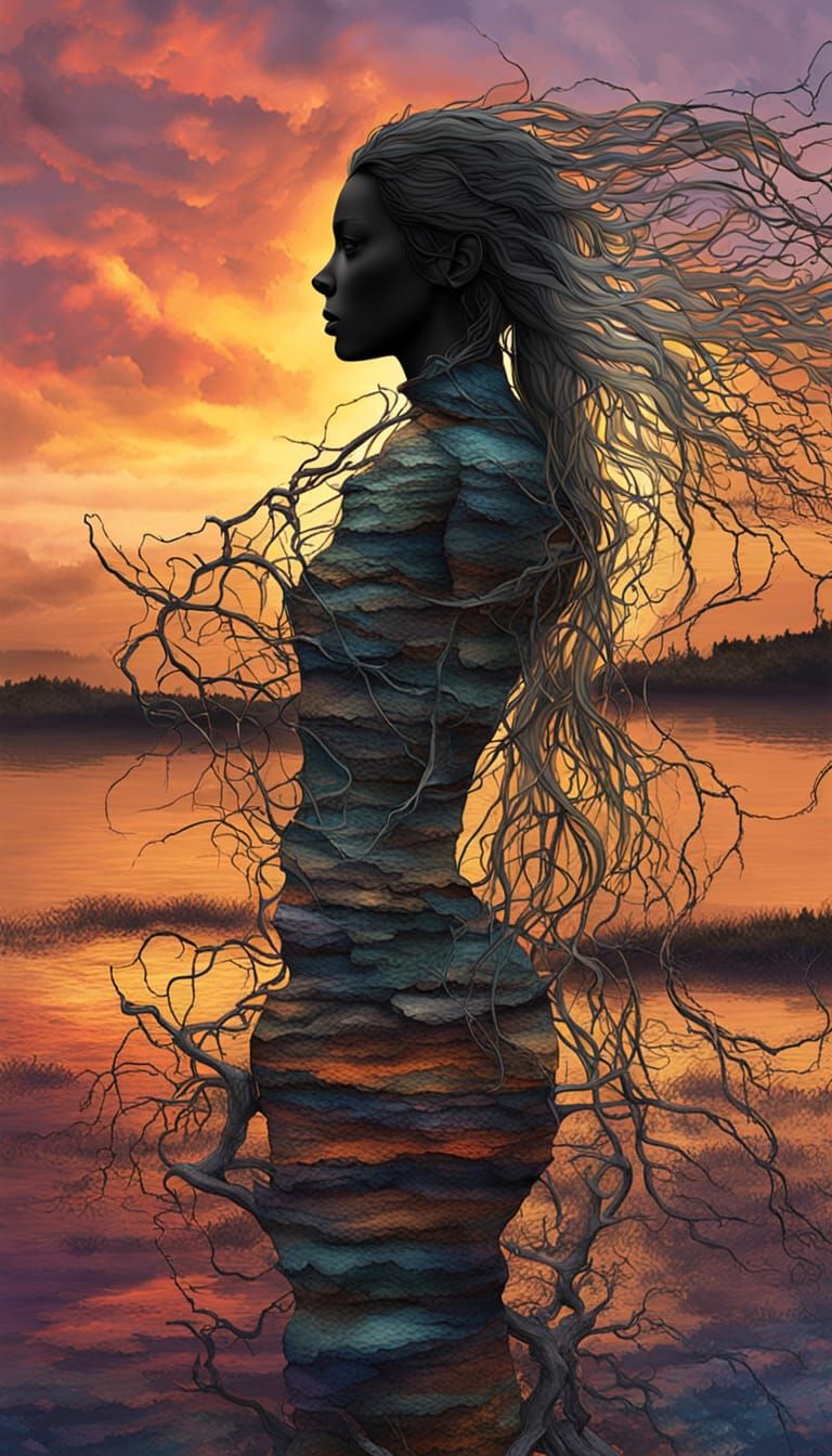 Futuristic Glitch Art with Veiled Woman and Abstract Designs