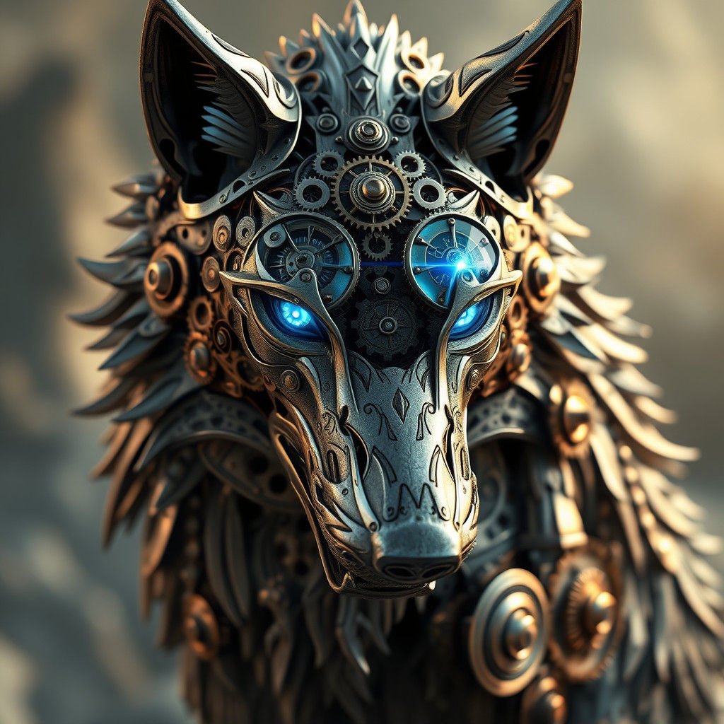 Clockwork Wolf: Intricate Gears and Mystical Aura