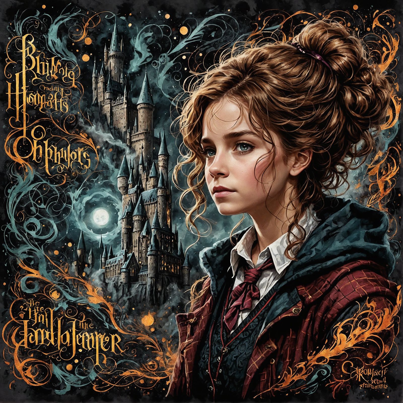 Hermione Granger Portrait with Calligraphic Lettering