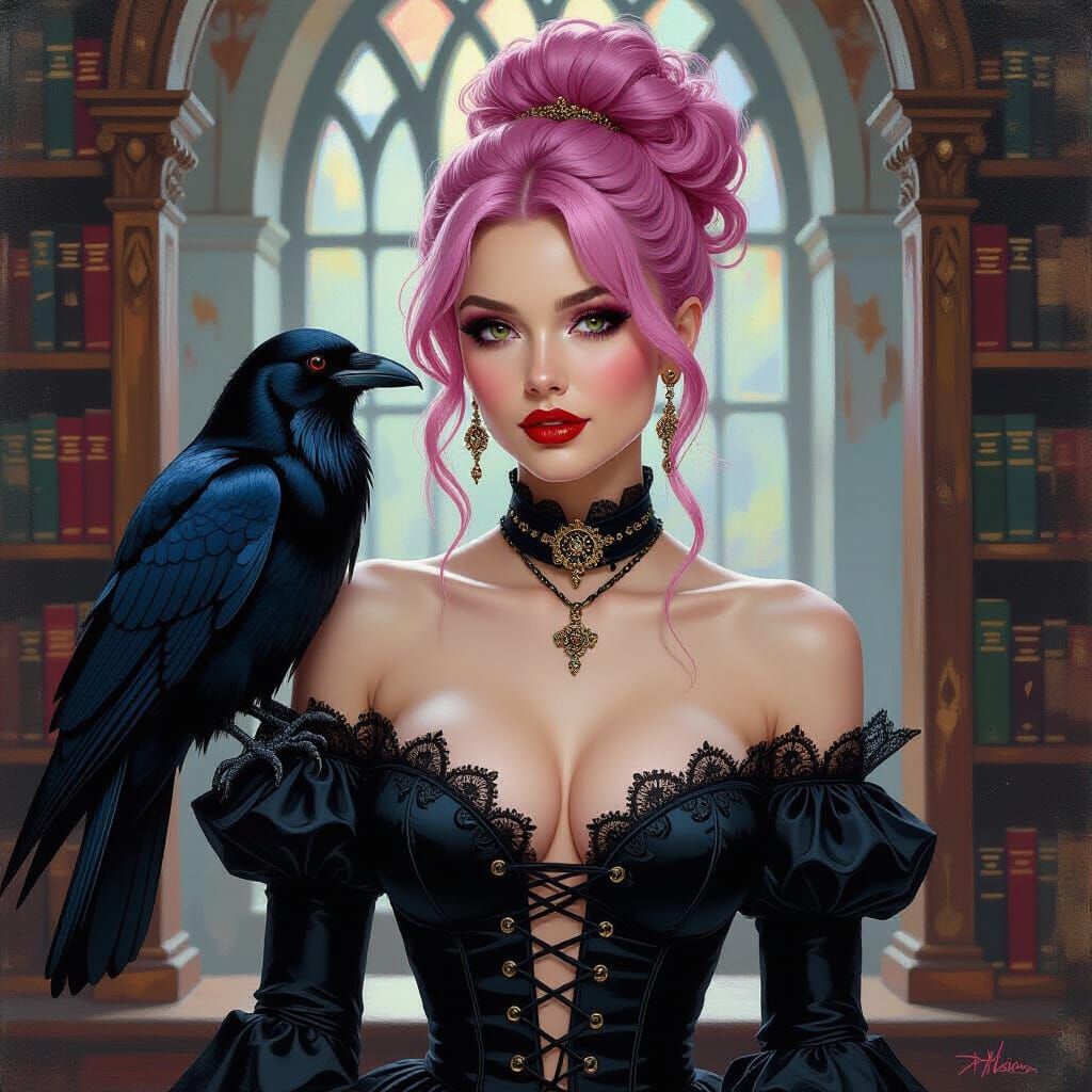 Gothic Library Scene with Pink-Haired Woman and Raven