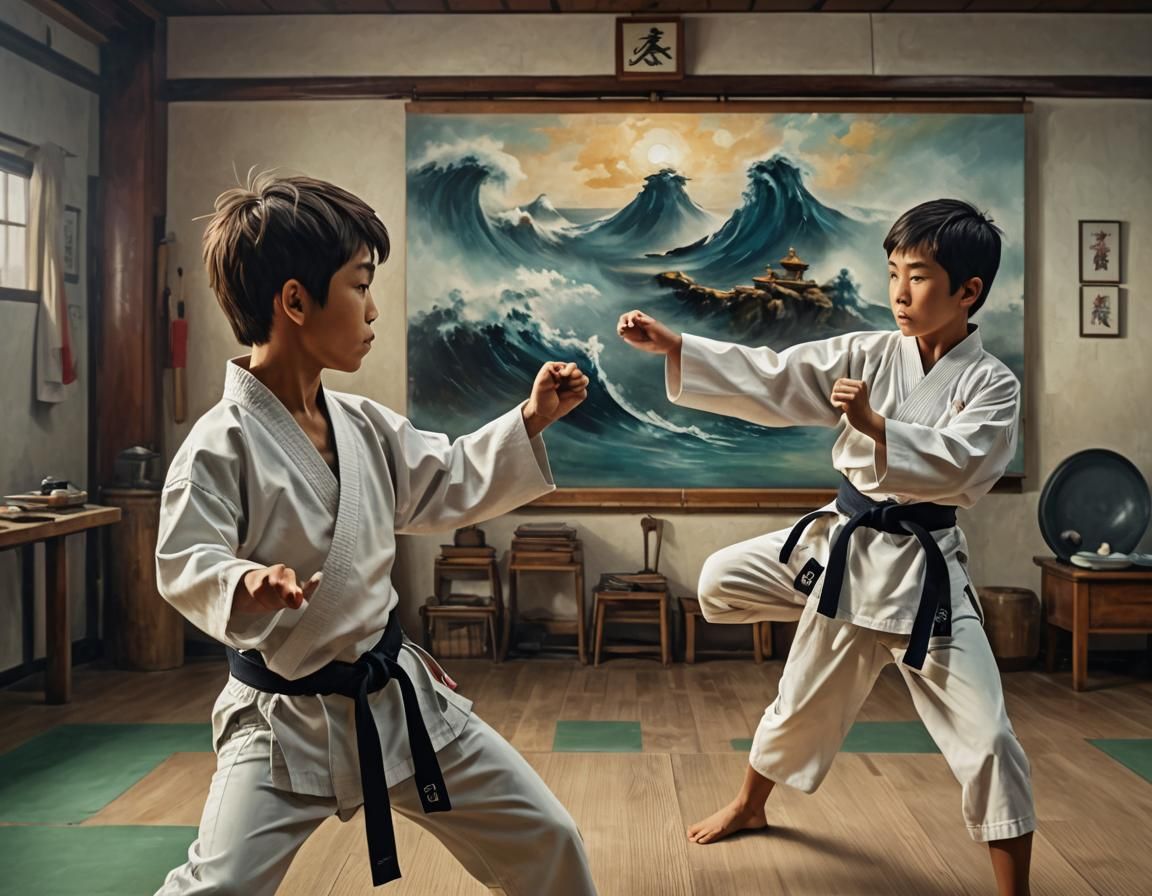 practicing karate.. (One of them is master. Find out who?)