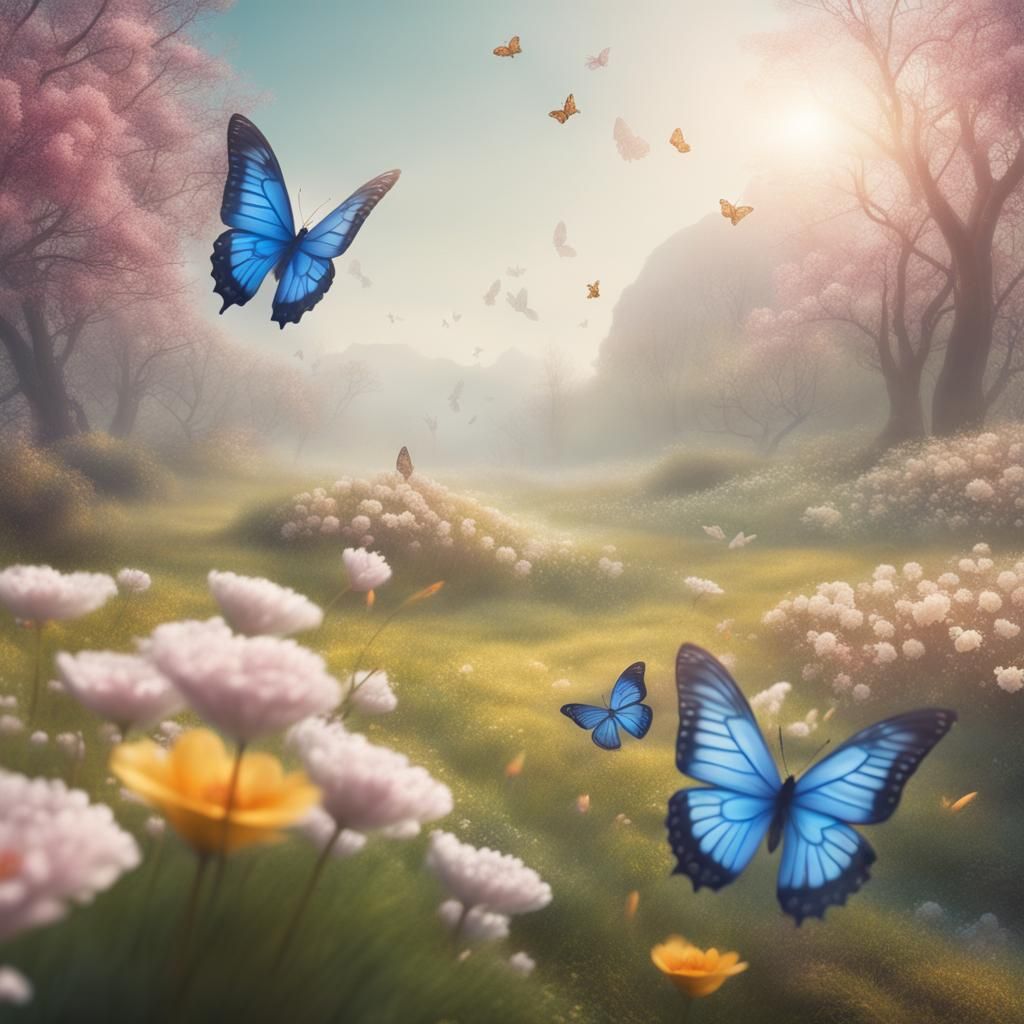 Ethereal Spring Morning with Flowers and Butterflies