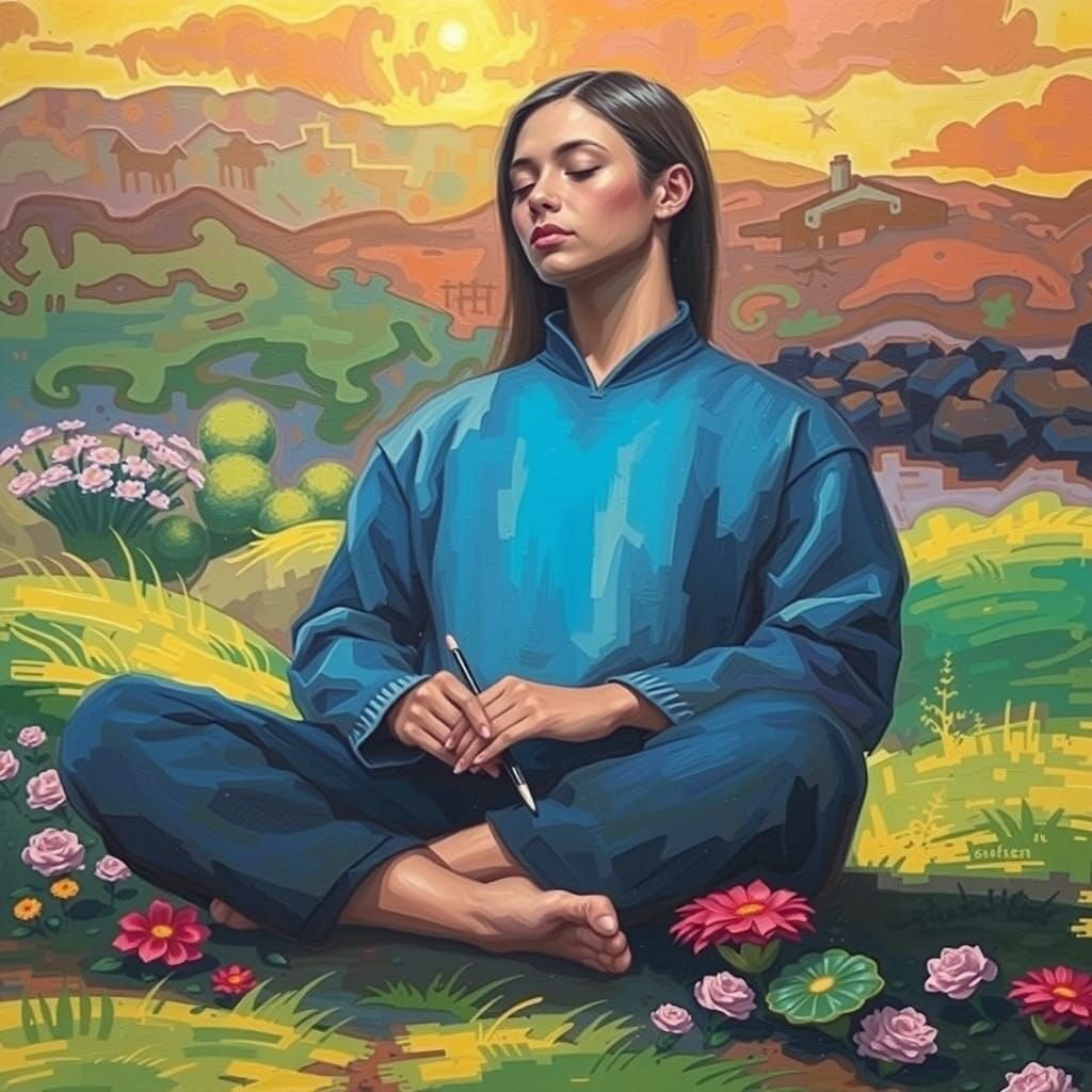 Woman Surrounded by Art in Surreal Pop Style