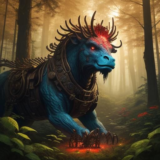 Red Wood Creature with Steampunk Engine in Hyperrealism