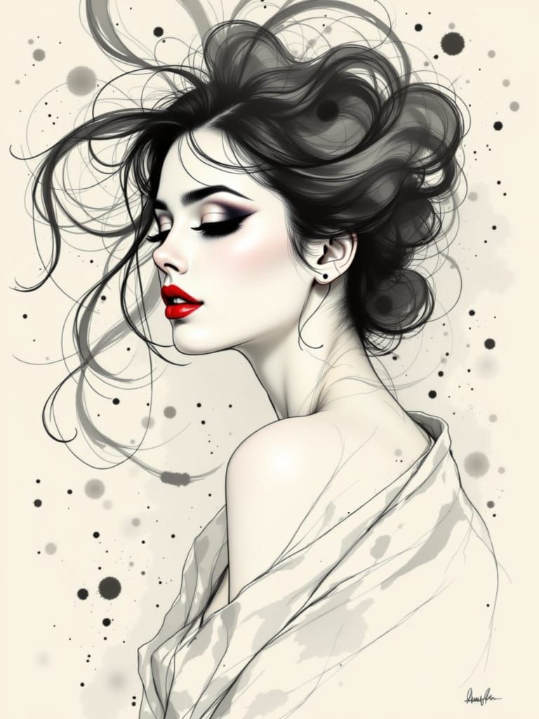 Ethereal Art Nouveau Beauty in Monochrome