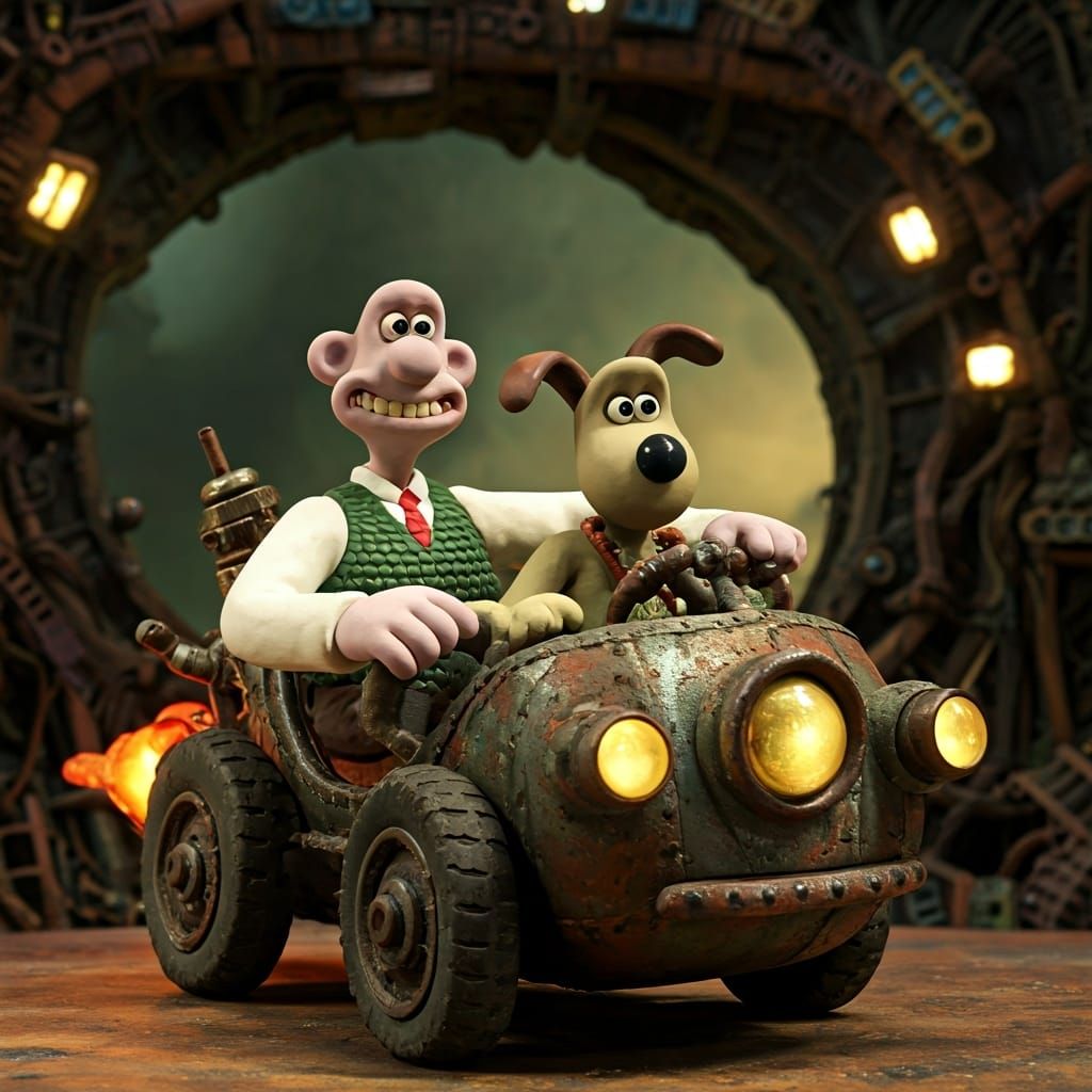 Wallace and Gromit in a Jet-Powered Cart