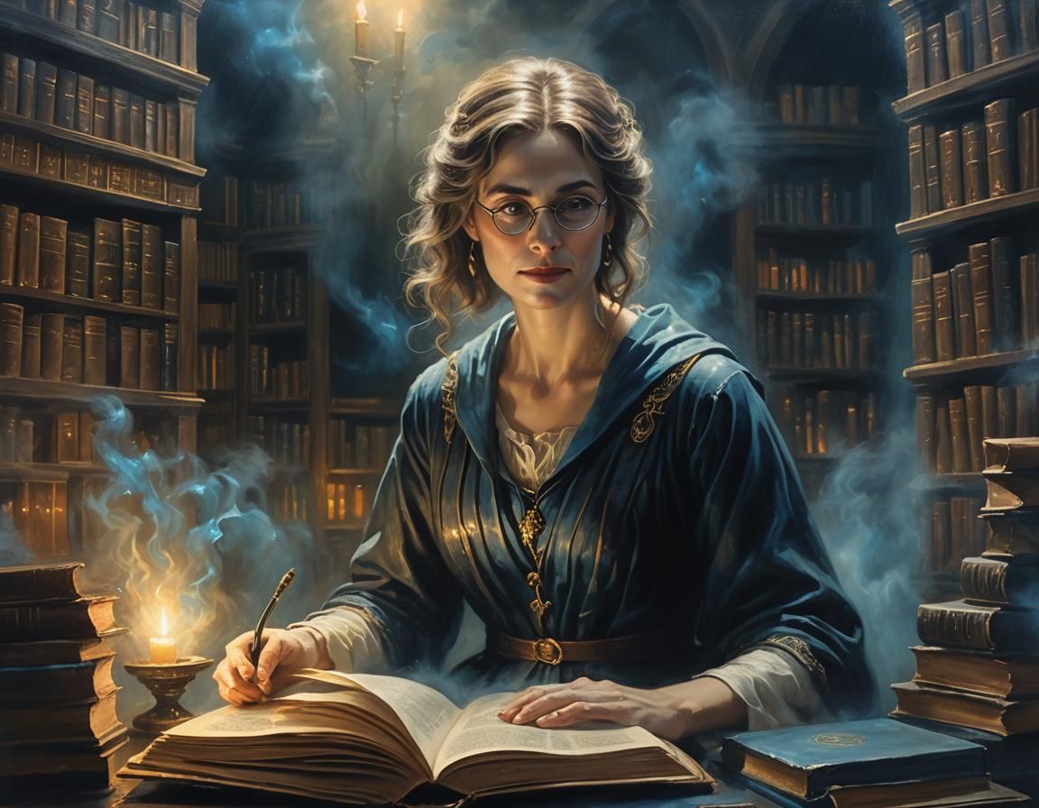 Ghostly Librarian in Forgotten Library Oil Painting
