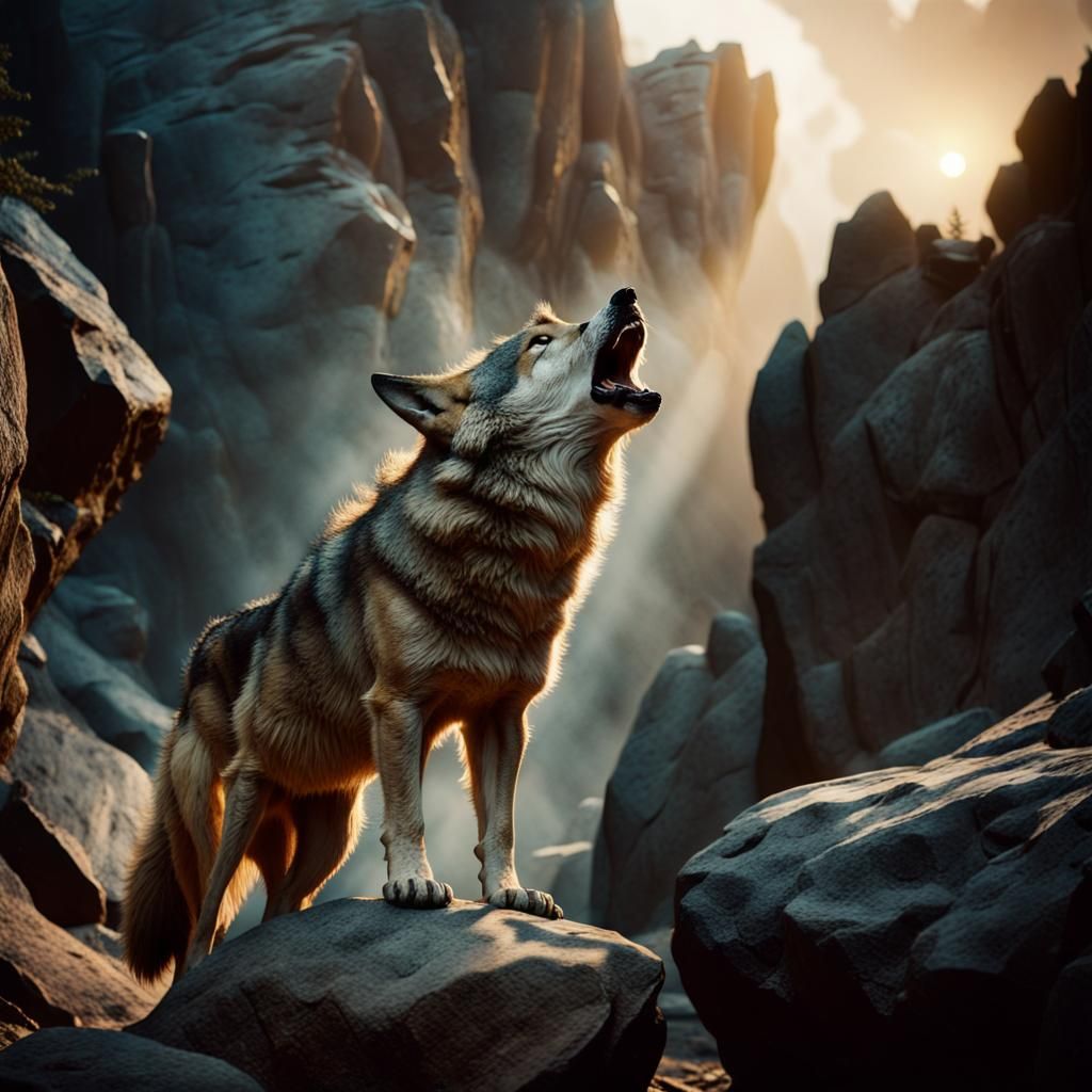Wolf Howling from Rock in Cinematic Lighting