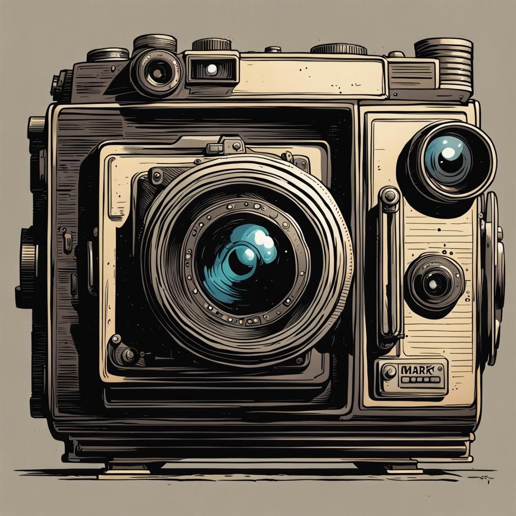 Vintage Camera on Table in Comic Book Style