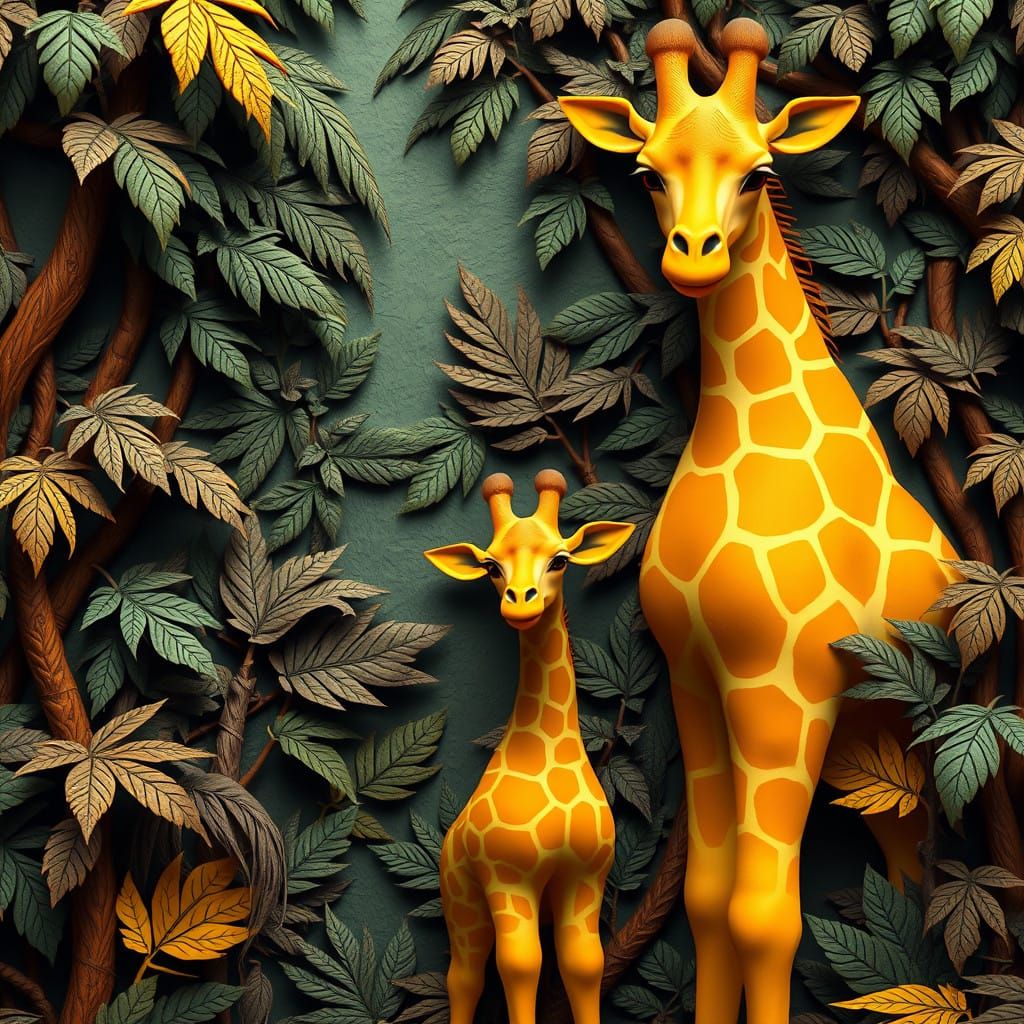 Serene Fauvist Giraffes in Tropical Forest
