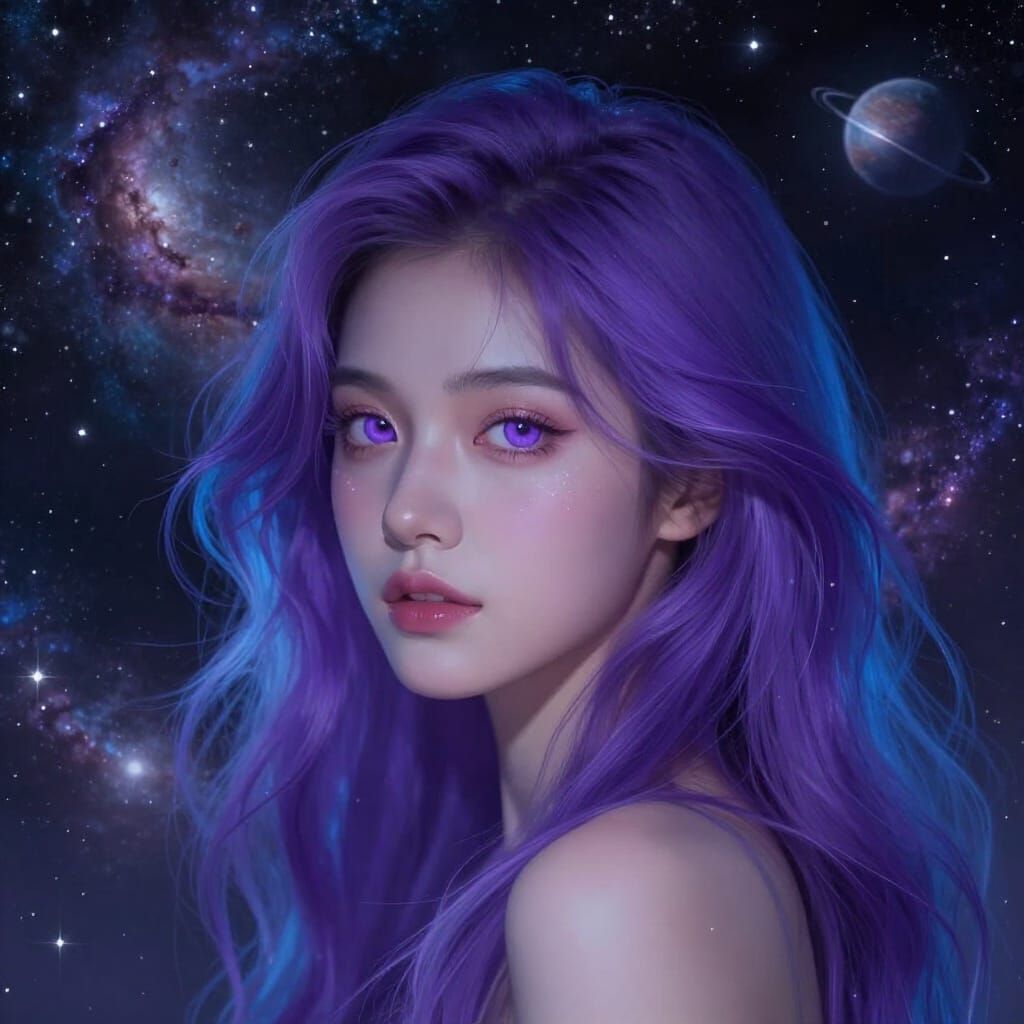 Ethereal Woman in Swirling Galaxy Sky